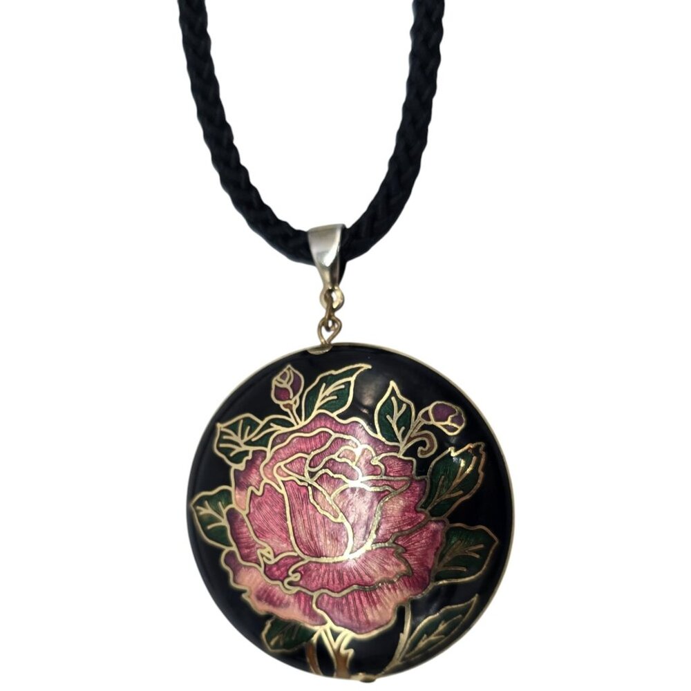 Black Enamel Rose Pendant Necklace Braided Cord Gold Tone Floral 24”